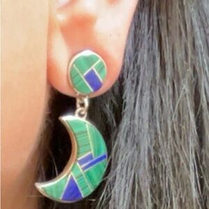 Silver Green and Blue Inlay Crescent Earrings